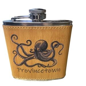 Provincetown Octopus Leather-Wrapped Hip Flask - Tan 6 oz stainless steel